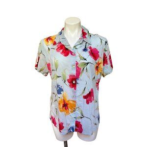 Women's Vintage 90s Floral Shirt Blue Pink Yellow Watercolor